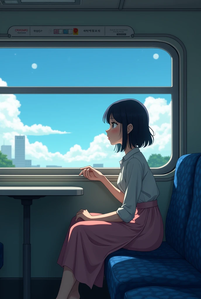 Woman is sitting pensively facing window on anime-style train