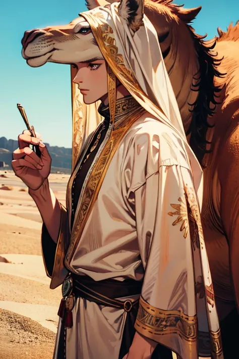 (absurdres, highres, ultra detailed), 1 male, adult, handsome, tall muscular guy, broad shoulders, finely detailed eyes and detailed face, the fool tarot, desert, camel, middle eastern clothes, Symbolism, Visual art, Occult, Universal, Vision casting, Phil...