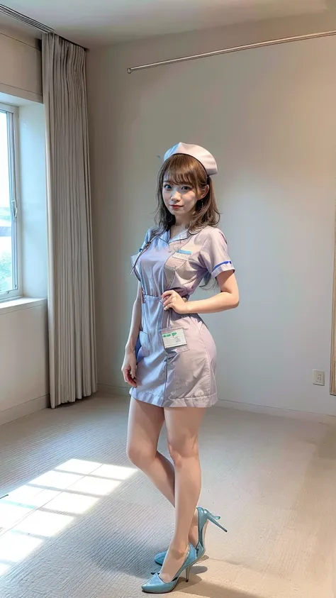 a beautiful young 24-year-old Japanese woman, beautiful, detailed anatomy, beautiful skin, random hair color and hairstyle, big breasts, nurse hat, (nurse uniform:1.3), nurse cap, (she is standing:1.2), full body shot, high heels, hospital, (best quality,8...