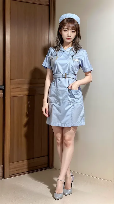 a beautiful young 24-year-old Japanese woman, beautiful, detailed anatomy, beautiful skin, random hair color and hairstyle, big breasts, nurse hat, (nurse uniform:1.3), nurse cap, (she is standing:1.2), full body shot, high heels, hospital, (best quality,8...