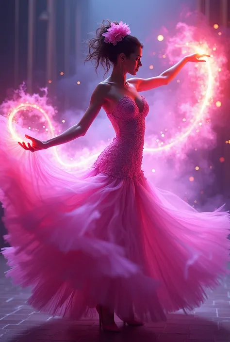 **A beautiful and gorgeous magical flamenco dancer depicted in an explosion of aura, with dynamic action poses and energy effects. She uses a vibrant hot pink and pastel purple to depict powerful auras and special attacks. --ar 3:2**