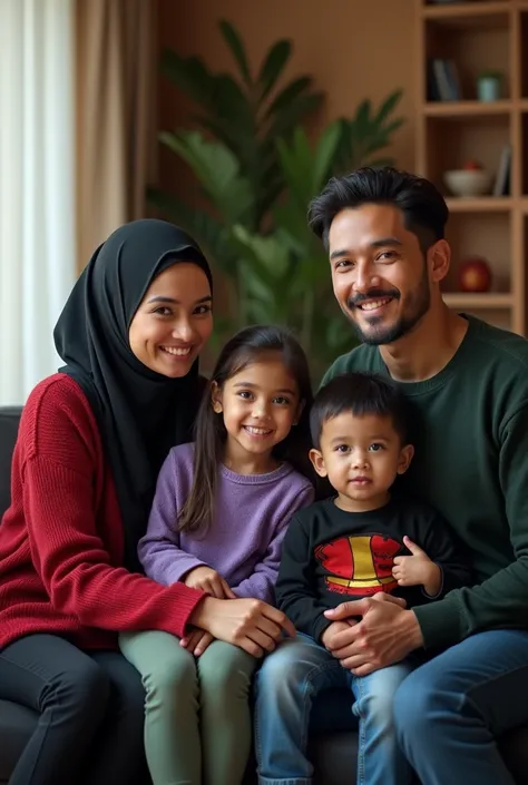 (photorealism:1.2), Studio photo of young family ,big family, mother,father, 4 ren , 1 adult male ,  1  girl , wears black headscarf and red sweater ,
 1  boy wearing a black t-shirt with the image of iron man ,
 1  girl wearing a purple sweater ,
 Woman w...