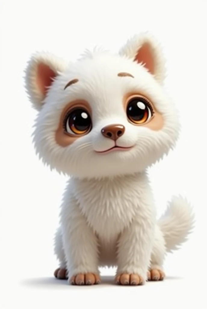 a white furry dog with brown eyes and a brown snout on an all-white panda body