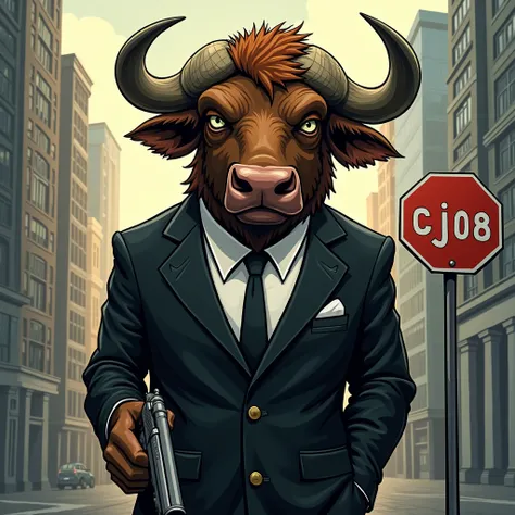 2D cartoon figure of a wild buffalo, brutally dressed in a black suit, written BG5 on the chest, holding a gun, writing BG5, in the city background, with a sign saying CJ08.