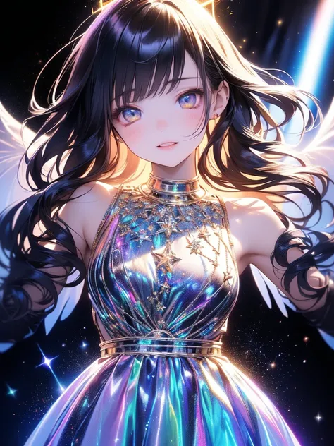 1girl, pretty face、Baby Face、((( Dynamic Best Composition、 top quality、 Masterpiece、 Official Art 、 super detailed、 high definition、 Perfect Anatomy)))、Holographic Dress、( Holographic Halo :1.5),( black background),( extremely detailed elegant )、 cowboy sh...