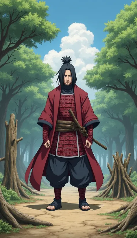 Create image of Hashirama Senju first hokage using wood style jutsu in the training ground , in his red steel ninja armer 