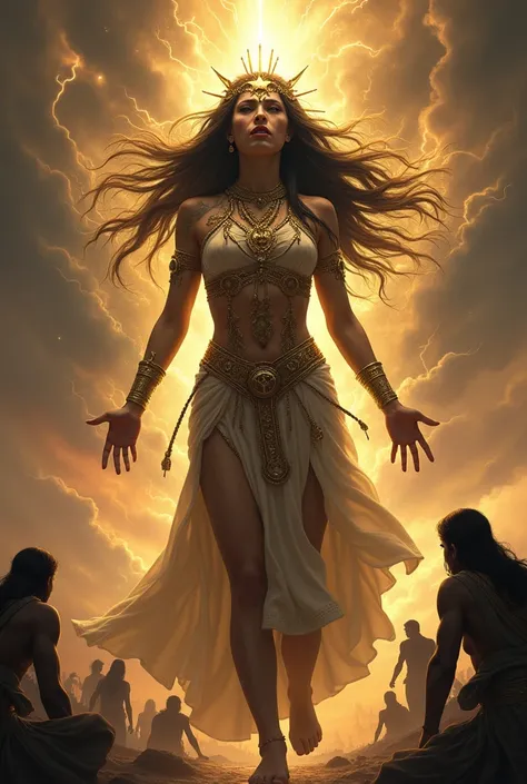 
" A dramatic representation of Inanna , the Sumerian goddess ,  shouting with fury in a heavenly and dark environment .  Her face expresses a mixture of divine anger and absolute power ,  with her eyes shining brightly ,  reflecting her relentless nature ...