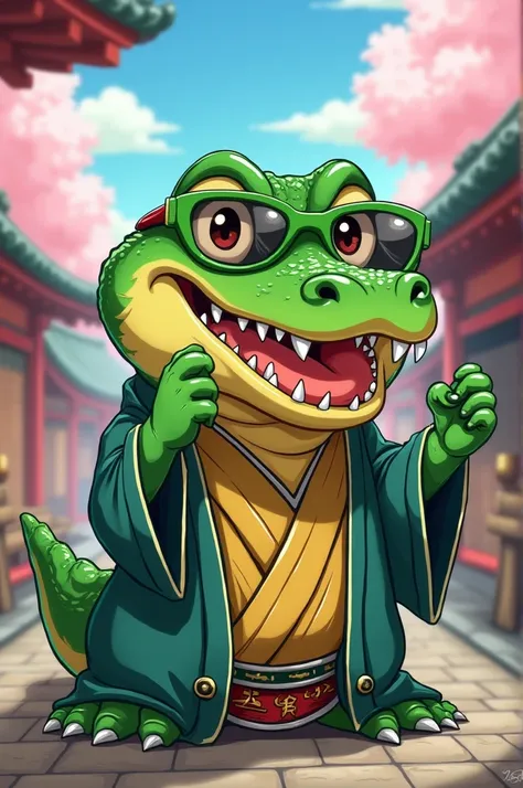 Generate an alligator selling green sunglasses ARTs style is anime 