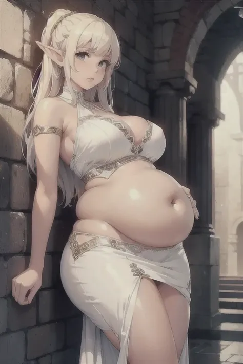 (Best quality), (high resolution), (detailed), 1woman, white dress, skinny girl with bloated belly, slightly curvy, elf princess