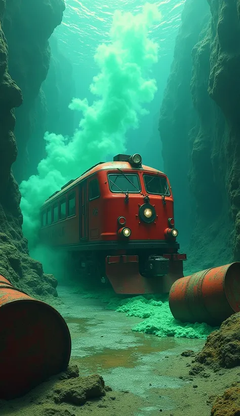 
In cinematic 3D style, HD image, realistic image, colourful image.
A red train has run into the bottom of the ocean. Big six iron drums lying have fallen inside the bottom of the ocean. Green coloured gas is coming out drums of them and all the water insi...