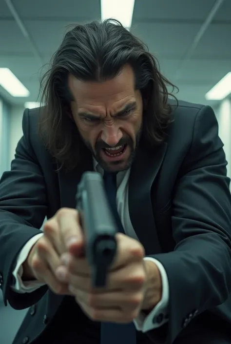 Claes Bang has long hair is scolding his subordinates at office. And he took out a gun and shot.And laugh out loud 