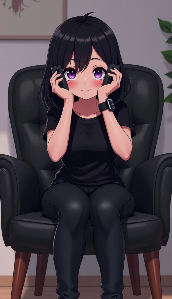 Animated teenage woman with a black watch and black hair and purple eyes has dark shadows under her eyes and sits in a dining chair with a backrest upholstered with black leather with wooden legs She wears leather pants and black leather shoes and a leathe...