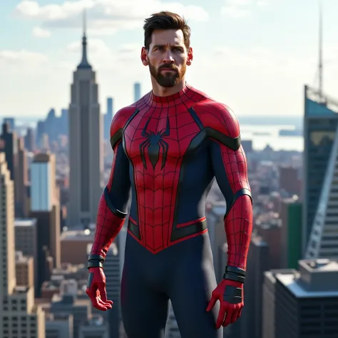 Spider - muscular full body shot standing on rooftop with city background, lionel messi, Spider-Man, spider - man, Spider-Man portrait, 4k hq wallpaper, highly detailed Spider-Man, lionel messi as Spider-Man, futuristic Spider-Man style, 8k render, medium ...