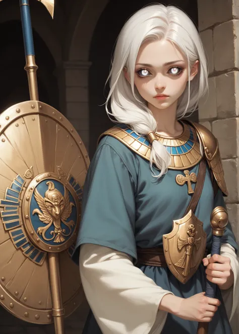 Make a single person , a young girl,  with white hair and fringes , Like an Egyptian woman .  Eyes with white pupils and black irises and sclera .  Wearing a tunic and over the shoulders of medieval shields . A warrior.  face and character very attractive ...