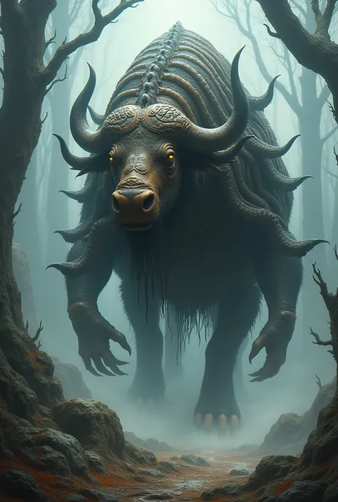 Mystical hybrid animal of:

Buffalo + Black Rhinoceros + Wild Boar + Centipede + Cerberus