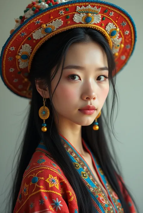 Please  drawing a beauful women wearing hmong tranditional clothe with a beautiful tranditional hat 