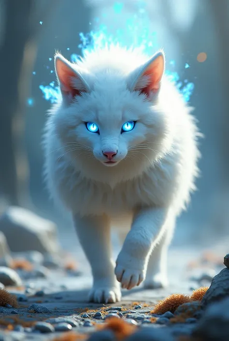 white obo with blue eyes and some lines as if fire were coming out of them in a futuristic style drawn towards realism, him walking from the front