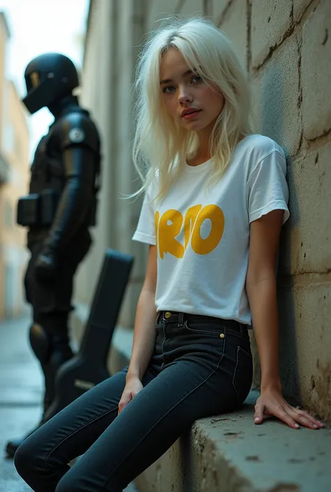 Make a blond woman with almost white hair ,  dressed in a white t-shirt glued to the body with the word Naruto written in yellow on his chest,  jeans, boots,  sitting on a wall with a guitar case against the wall .  An armed cyberpunk guard dressed in a bl...