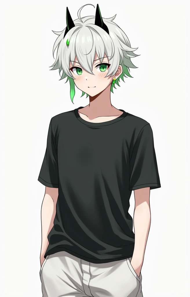  create an image of an adult boy anime ,  white hair,  green eyes,  white skin ,  a lock of front green hair ,  white cargo pants , small green earrings ,  black t-shirt and small horns central black and green outside.