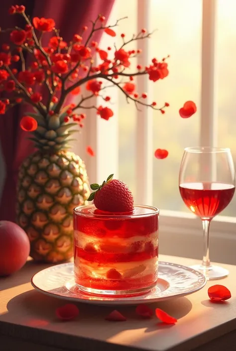 treeのテーブル、Large　dish、water💦、 stretch 、 petals　Floating、 cake、3 steps、🍓、 pineapple 🍍、peach🍑、Small、Cut 、蝋燭🕯️、Light💡、Shine✨、In a cup　Red Rose🌹、 red wine🍷、 behind 、curtain、 shaking 。In the back、tree々、 shaking 、。fun😀。i want to eat！hey。