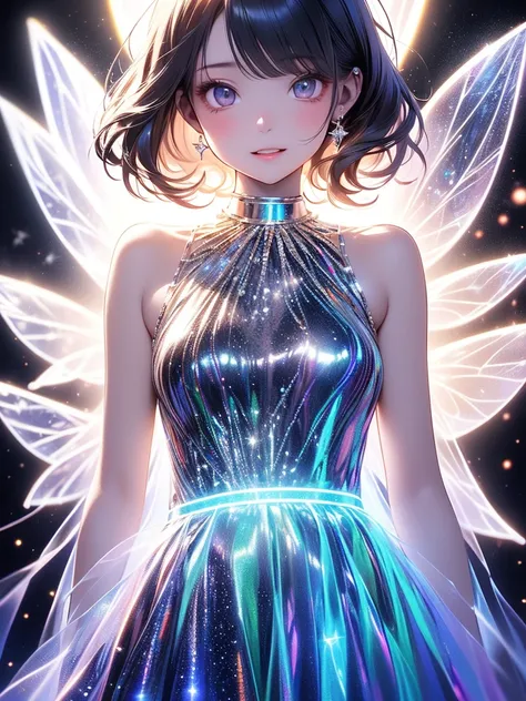 1girl, pretty face、Baby Face、((( Dynamic Best Composition、 top quality、 Masterpiece、 Official Art 、 super detailed、 high definition、 Perfect Anatomy)))、white hologram dress 、( Holographic Halo :1.5),( black background),( extremely detailed elegant )、 cowbo...