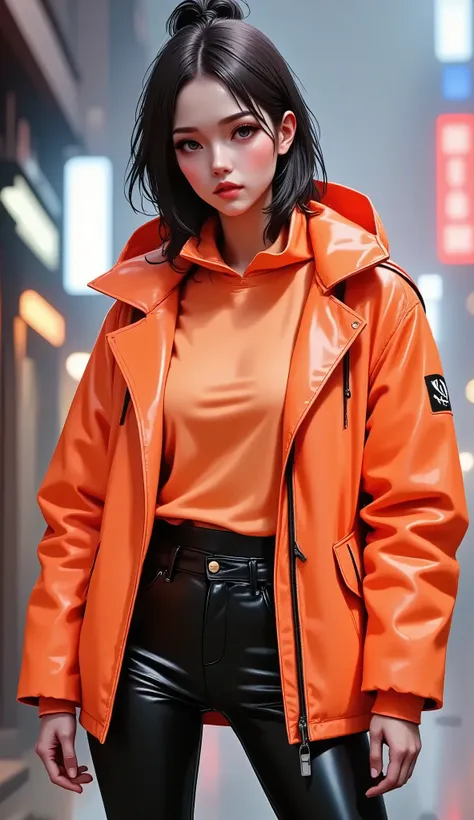 a woman wearing an naranja jacket and black pants, naranja jacket, poncho, orange sweatshirt, red jacket, hooded,  orange long sweatshirt ,  sportswear, NEON ORANGE, future inflatable jacket,  Today for My Tomorrow for You , sweatshirt, jacket,  jacket for...