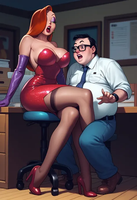 Jessica Rabbit is crying sitting in front of a fat young man. She wears a red dress and long boots, she has big tits and a big ass, he wears a shirt and tie, he is surprised to see her like that, office, night