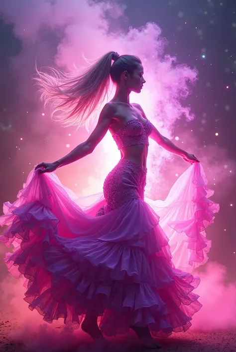 **A beautiful and gorgeous magical flamenco dancer depicted in an explosion of aura, with dynamic action poses and energy effects. She uses a vibrant hot pink and pastel purple to depict powerful auras and special attacks. --ar 3:2**