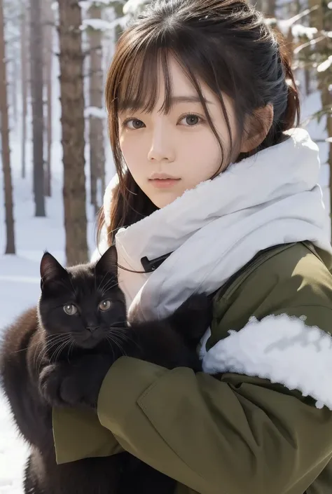 A captivating, hyper-realistic photograph of a Korean female Norwegian soldier in a snowy environment. She is clad in snow camouflage tactical gear, with a winter-ready weapon and additional equipment attached to her body. A black fluffy cat stand near her...