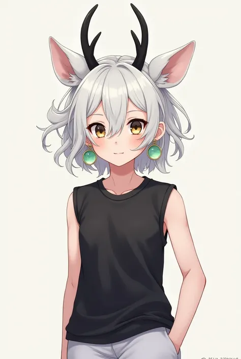  Create a super detailed animr style image , Boy with a feminine face ,  white hair ,  deer horns color black ,  white pants,  sleeveless black t-shirt , green earrings 