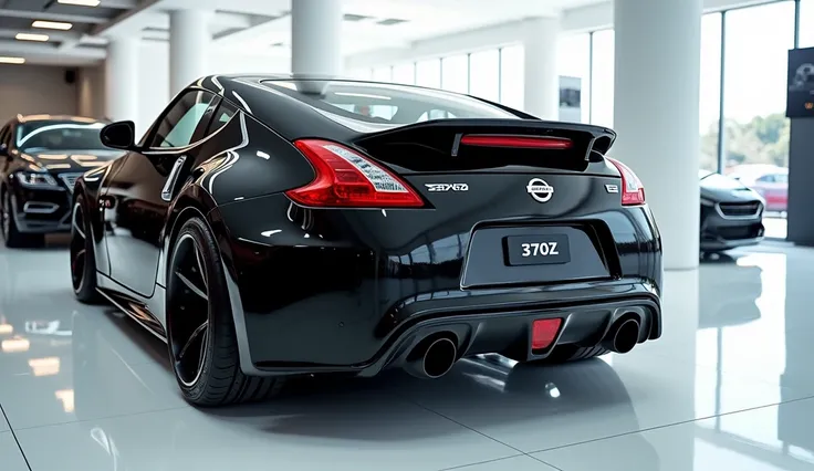 Close back view of painted black with shiny clour 2025 Nissan 370Z sleek in large shape sedan in large size with Nissan 370Z logo on its large detailed grille in shiny white clour with angular sporty design captured from back view with modified sleek Front...