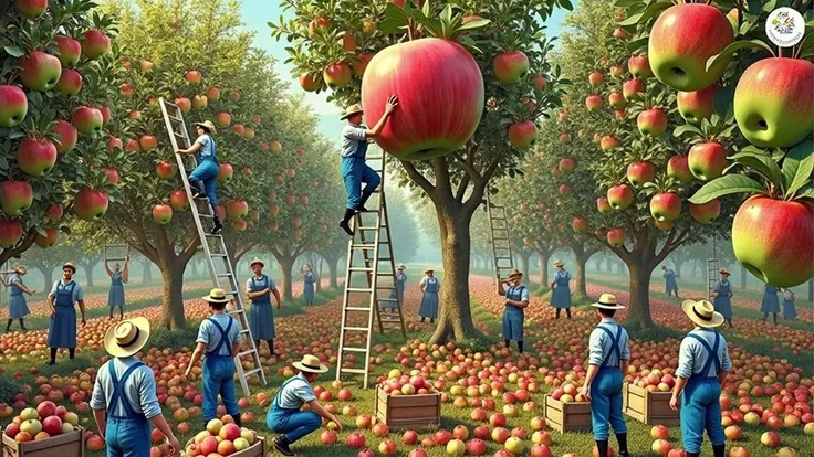 Farmers standing on ladders harvesting giant red ripe apples in a fruitful apple orchard