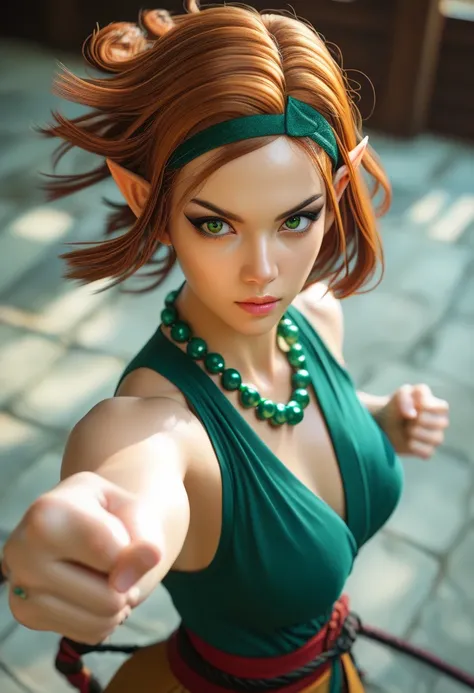 Beautiful elf female, photoreaistic, warrior monk, fair skin, (((medium copper hair))), green eyes, black eyeliner, ((medium breasts)), pointy ears, strong, fit. Wearing green chinese shirt. Japanese village background. Wearing Buddhist bead necklace. Kung...