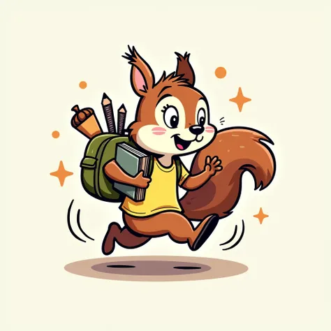  squirrel with small ears   running fast   holding book and pencil and hanging backpack with acorn inside on his back wearing t shirt  happy vibrant  classic cartoon type   character logo line art