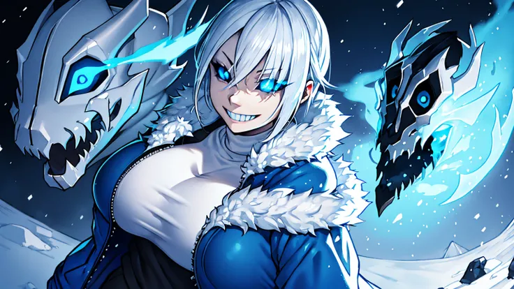 Sans Blue Jacket Black Shirt Fire Eyes Skull Smile Long Lashes White Short Hair Luminous Face Blue Dragon Skull Cannon One Person Standing In Snow Town Femininefull Super huge big breasts breast enlargement