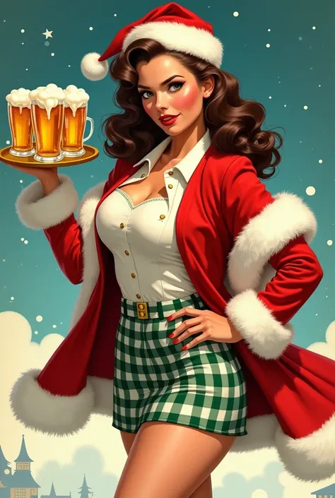 In the art style of WWII bomber nose art, a brunette, wearing a christmas outfit, holding a tray of 3 beers, santa hat, green and white colored hat, coat, and skirt, 