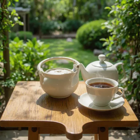 White Ceramic Teapot, black tea on the table, garden, masterpiece, best quality, detailed, high resolution, photorealistic