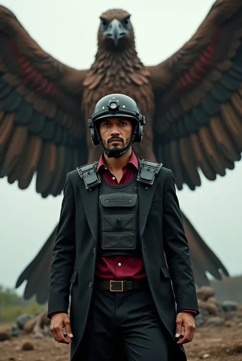 A man in a maroon red shirt in a black suit is boarding a giant Indonesian Garuda bird wearing combat gear walks forward staring intently