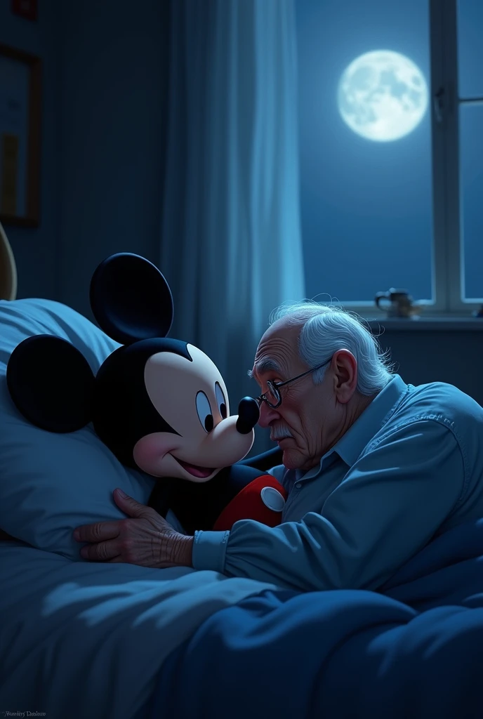 Mickey Mouse a letto con un anziana, di notte 