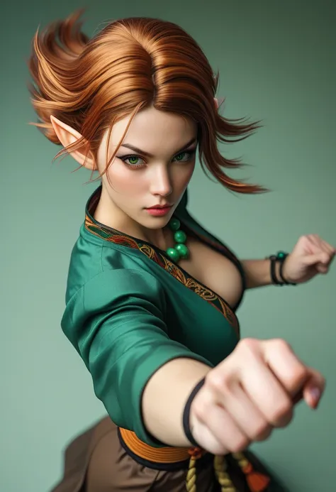 Beautiful elf female, photoreaistic, warrior monk, fair skin, (((medium copper hair))), green eyes, black eyeliner, ((medium breasts)), pointy ears, strong, fit. Wearing green chinese shirt. Japanese village background. Wearing Buddhist bead necklace. Kung...