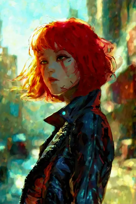 1 girl, cyberpunk, crop jacket, cowboy shot, medium eyes, light red hair, sci-fi, 