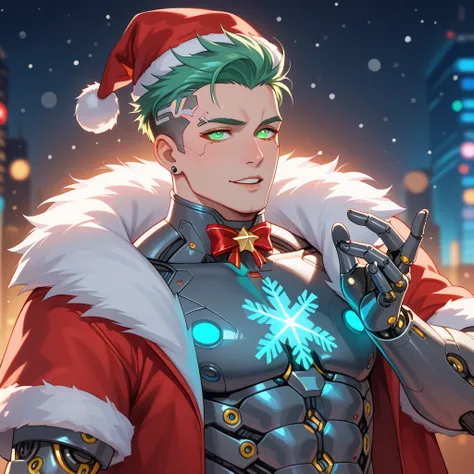 Cyberpunk Santa Claus, male, futuristic Christmas design, half-body view. A man with a glowing red cybernetic eye and a robotic arm adorned with neon red and green lights. He wears a high-tech red coat with green neon snowflake patterns, open to reveal a s...