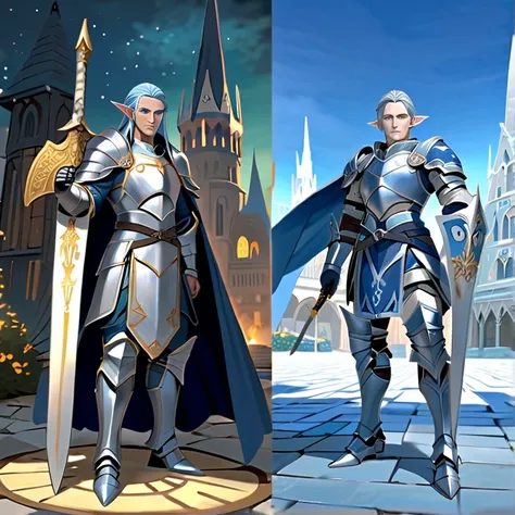 Masterpiece, High Resolution, HD, High Quality, Best Quality, High Details, Super Detailed. High fantasy genre, fantasy artwork. “Dungeons and Dragons aesthetic”. Multiple views.
{{(A male night-elf soldier of 400-years-old:(light-blue skin. Grey silver ey...