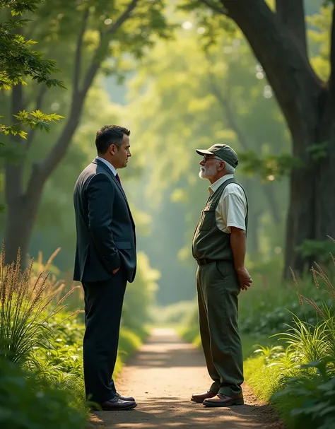 The businessman speaks with a park worker in a casual uniform, who gestures toward a path where the elderly man disappeared, the scene exuding an air of mystery and revelation amidst the park’s greenery.