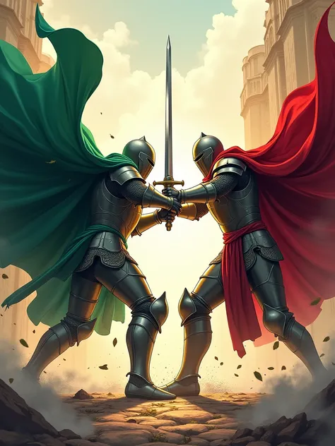 Two knights in full armor fight with swords, one with a green cape and the other with a red cape , anime manga style 