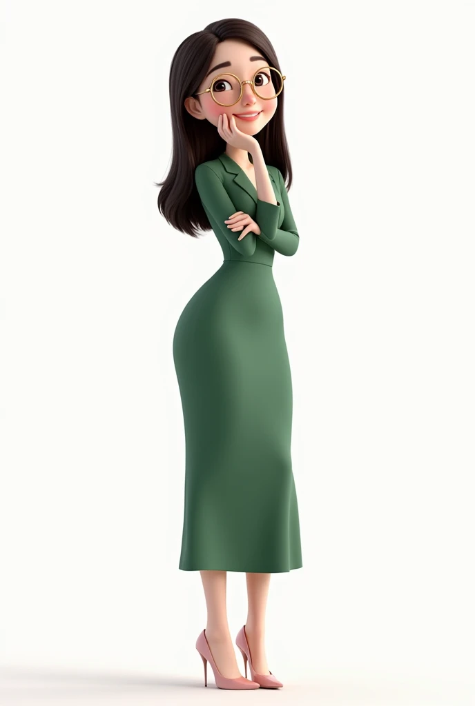 Create a 3d animation Pixar style character

She dresses formally, always wearing a long green dress and light pink high heels.

He has long straight dark brown hair below his shoulders, white skin, black eyes, and round golden glasses.

ish and smiling ap...