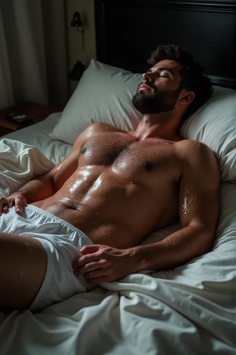 Man in bed covered in cum 