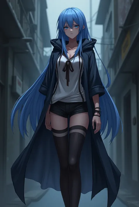 anime dark style, tall adult woman , +20 years, very long straight blue hair , hoodie with long cape dark blue sleeveless white blouse with black and brown details, short preto,  black stocking on the left leg ,  bands on the right leg and arms , short boo...