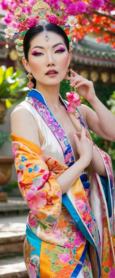 Portrait of an Asian female model, smooth porcelain white skin, using high-end cosmetics, cosplaying as a female bodhisattva in a colorful brocade costume, temple courtyard setting with a colorful garden of flowers and leaves