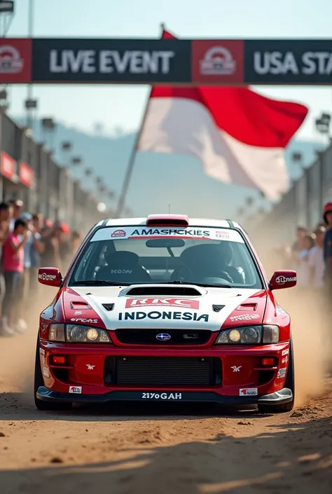  Subaru Impreza Sti 1999 fully modified WRC , with a red and white livery and sporty striping on the front cup reading IRRC on the top of the windscreen striping that reads Indonesia  ,  background of rally USA ,  has a starting stand reading LIVE EVENT 25...